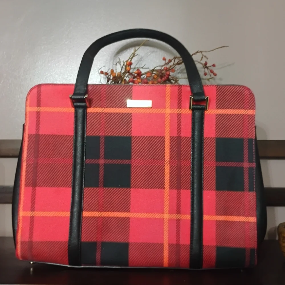 Kate Spade New York Newbury Lane Tote Red & Black Plaid & Saffiano Leather Trim